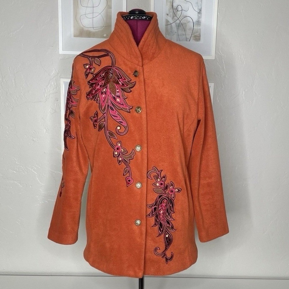 Bob Mackie Fleece Jacket Womens S Orange Embroidered Wearable Art Button‎ Front